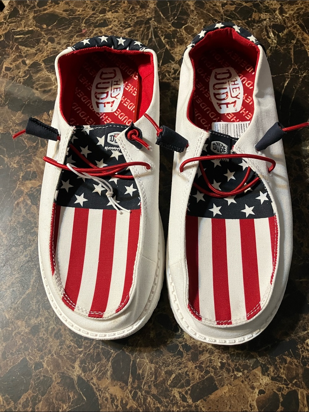 Hey Dude Men's Slip-On Loafers in White, Red, Blue - Stars & Stripes Design